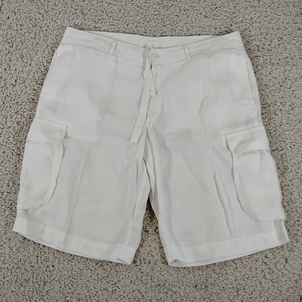 120% Lino Shorts Mens 56 (US 40) White Linen Beach Cargo Drawstring Designer